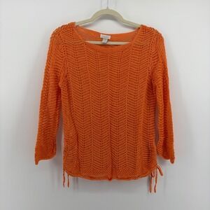 Chico's Women's Medium‎ Sweater Orange Crochet Knit Side Tie Chevron Boho Top